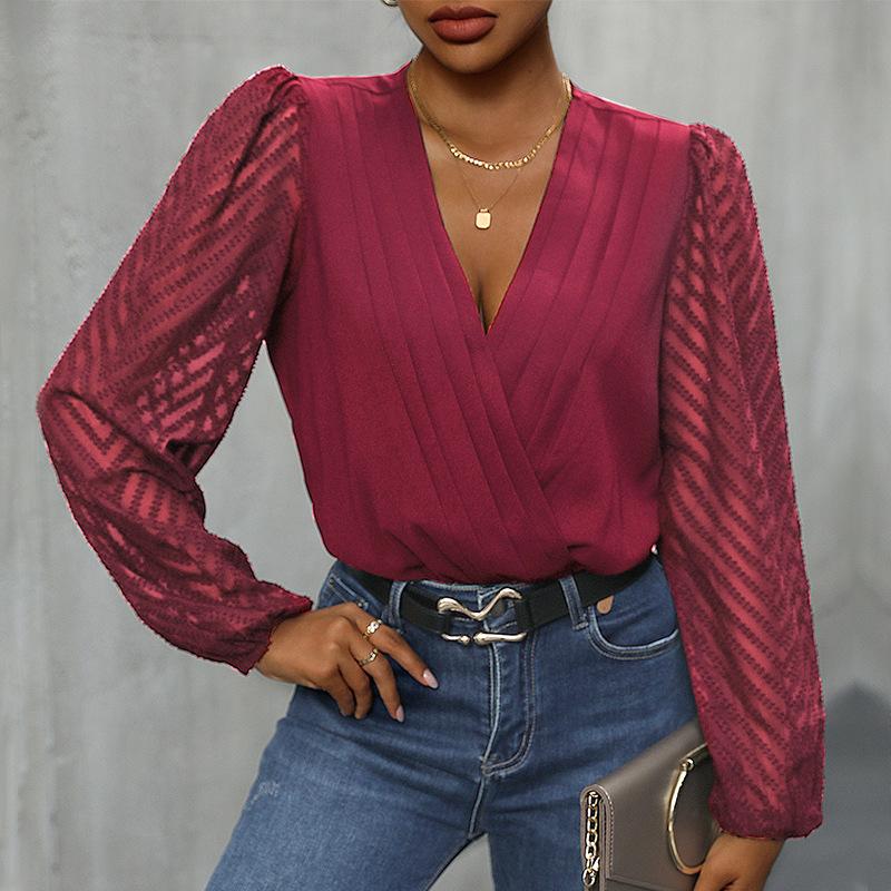 Женский весенне-осенний кружевной комбинезон с длинным рукавом и V-образным вырезом, однотонный комбинезон, футболка, блузка, топ