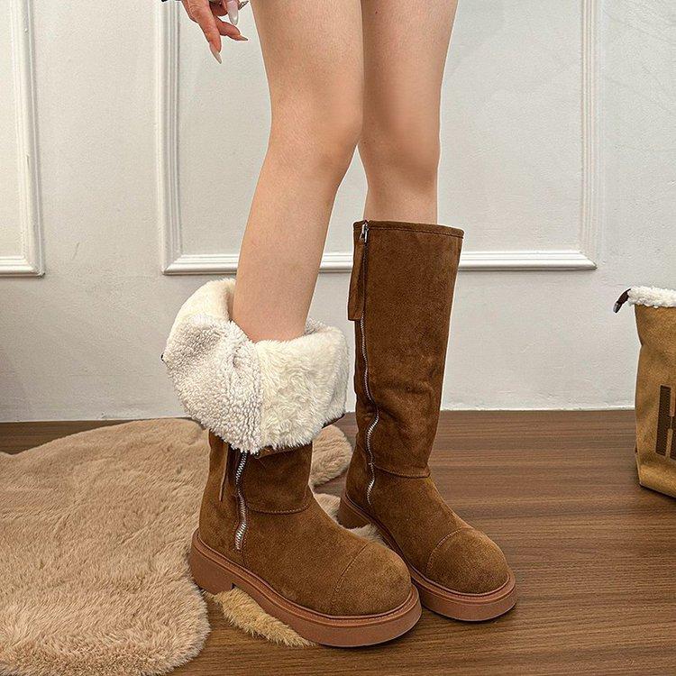 Версия из коровьей кожи~ ботинки-дутики с широким голенищем на толстой подошве из бархата женские 2025 новые цельномеховые теплые сапоги-рыцари длинные сапоги