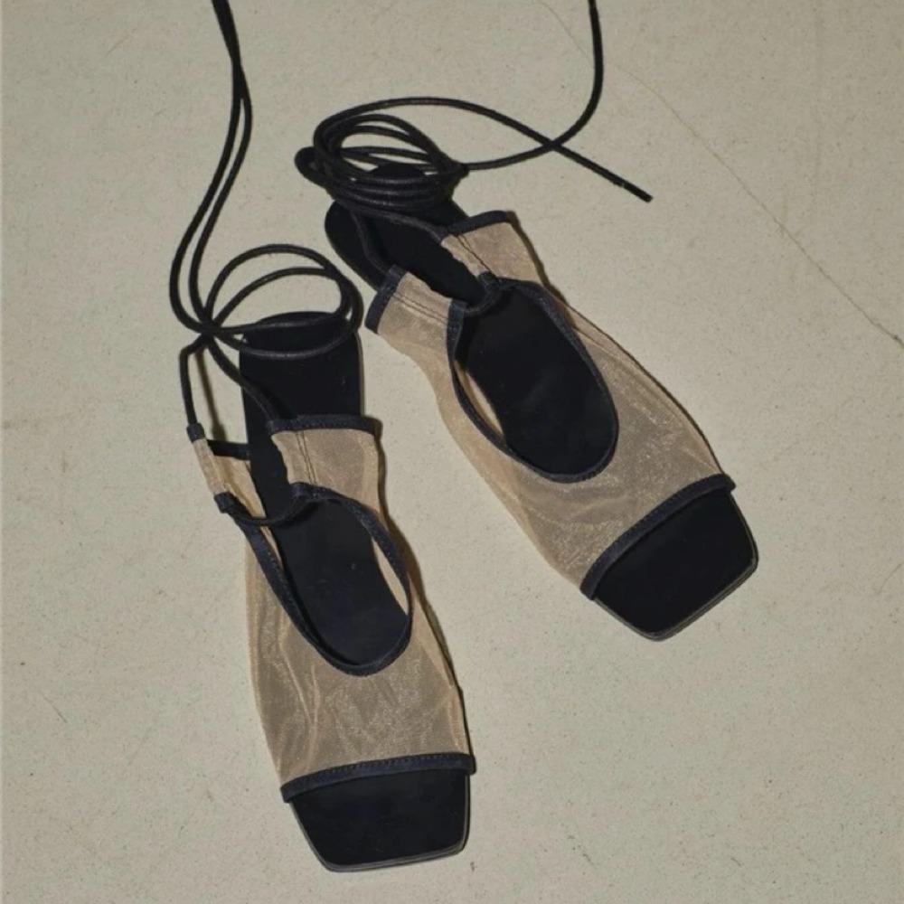 Сандалии на плоской подошве с открытым носком и квадратным носком, с дышащей сеткой, на шнуровке, для женщин, летняя обувь, сандалии с ремешком на щиколотке