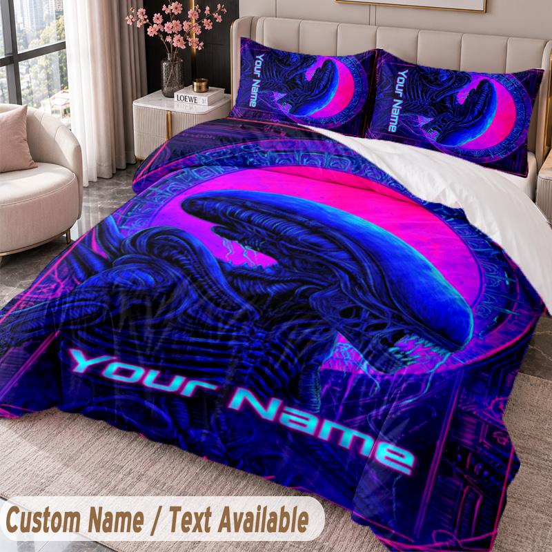 Custom Name Text 3Pcs Bedding Set Alien Xenomorph Duvet Cover And Two Pillowcases