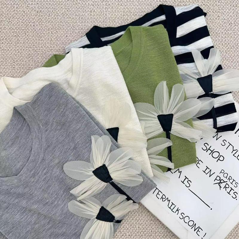 Корейская летняя повседневная свободная футболка с коротким рукавом из ледяного шелка, женская модная дизайнерская футболка с однотонным цветочным принтом и круглым вырезом