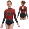 Girls Ballet Leotard Long Sleeve One Piece with Color Block Design Shiny Rhinestones Decoration Costume
