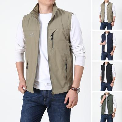 Мужской летний жилет без рукавов с лацканами, жилет с 2 карманами на молнии, куртка-карго, уличная одежда