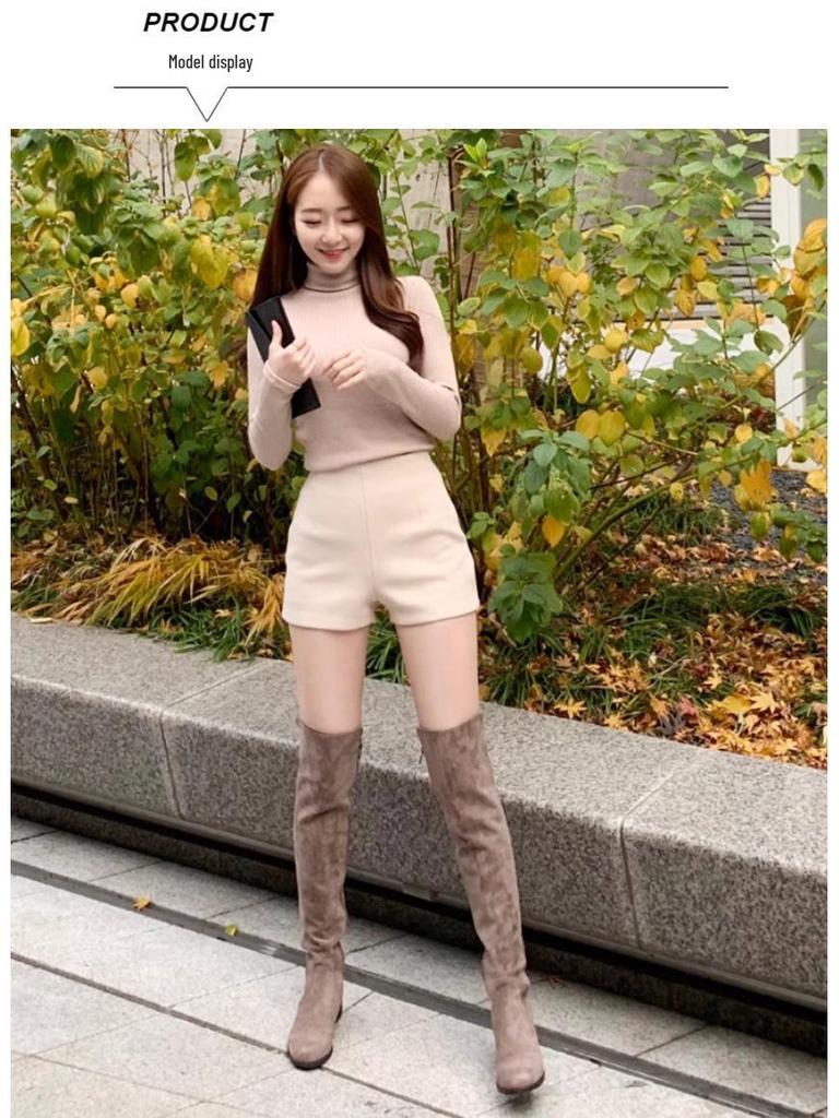 Женские черные шерстяные шорты с высокой талией - Универсальный стиль леггинсов на осень/зиму