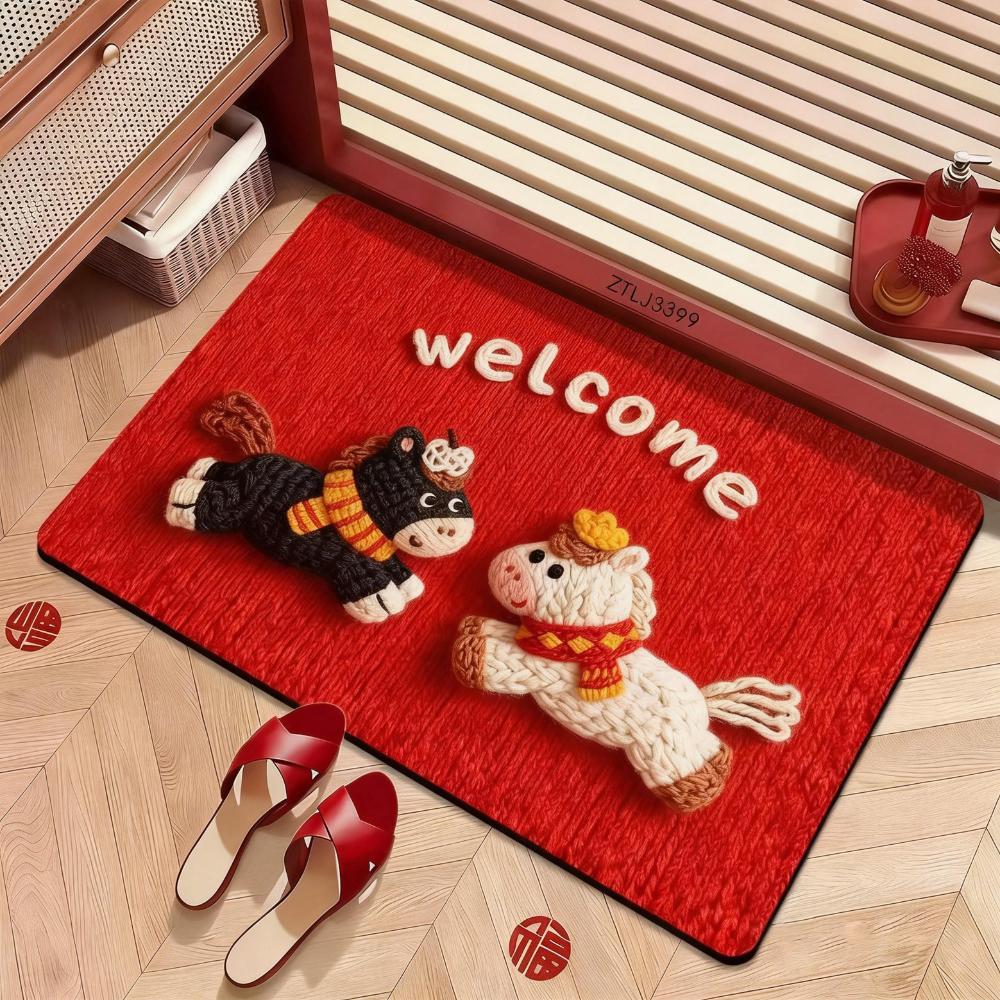 Cute Horse Pattern New Year Door Mat Red Non-slip Door Carpet Water Absorption Soft Blanket Home Decorations