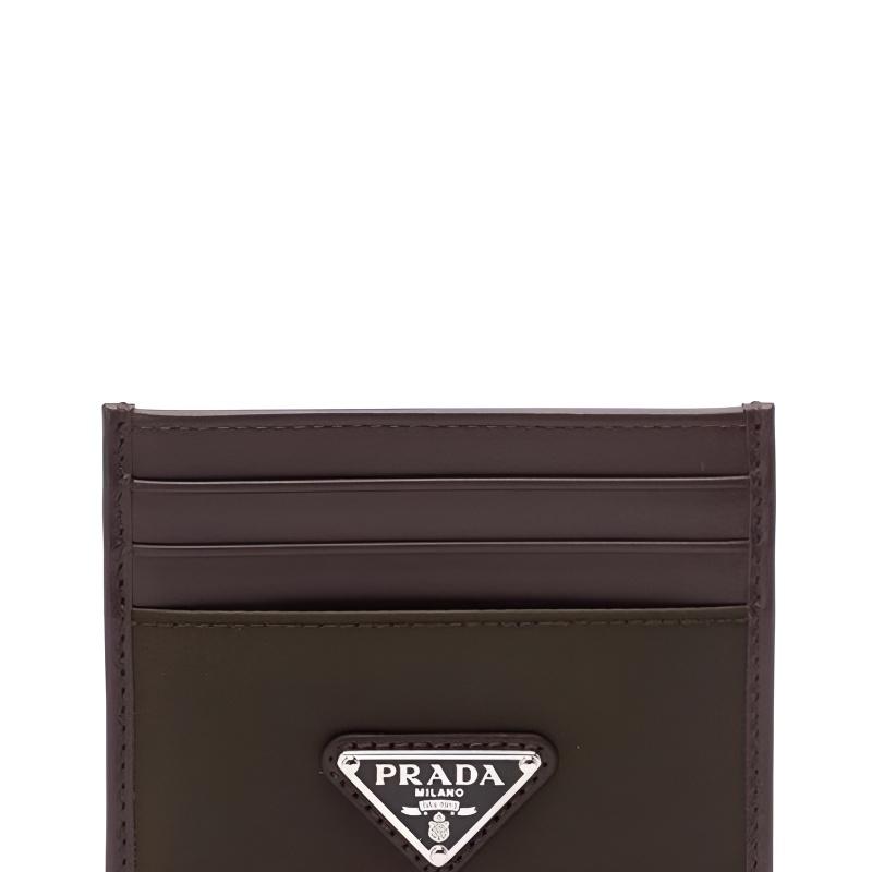 Prada Re-Nylon Speedrock Triangular Metal Logo Fabric and Leather Card Holder Women's Brown