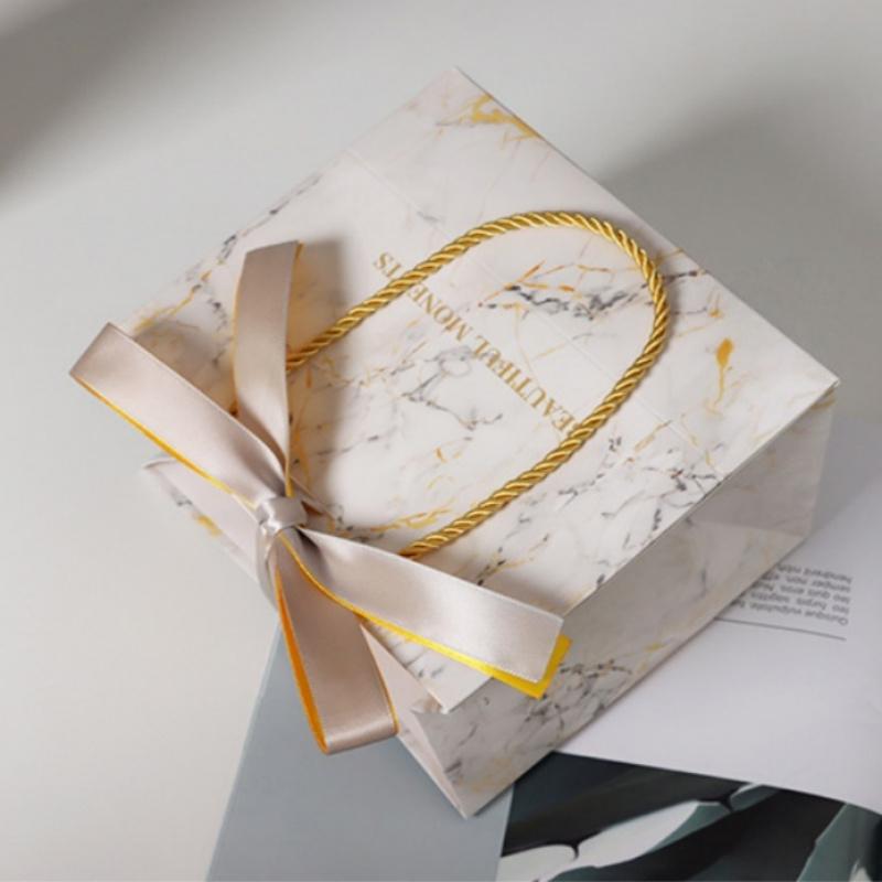 3 шт. Подарочный пакет с мраморным узором День рождения Фестиваль Вечеринка Белый Сумка-тоут для хранения Золотая лента Упаковка для выпечки Подарочный бумажный пакет