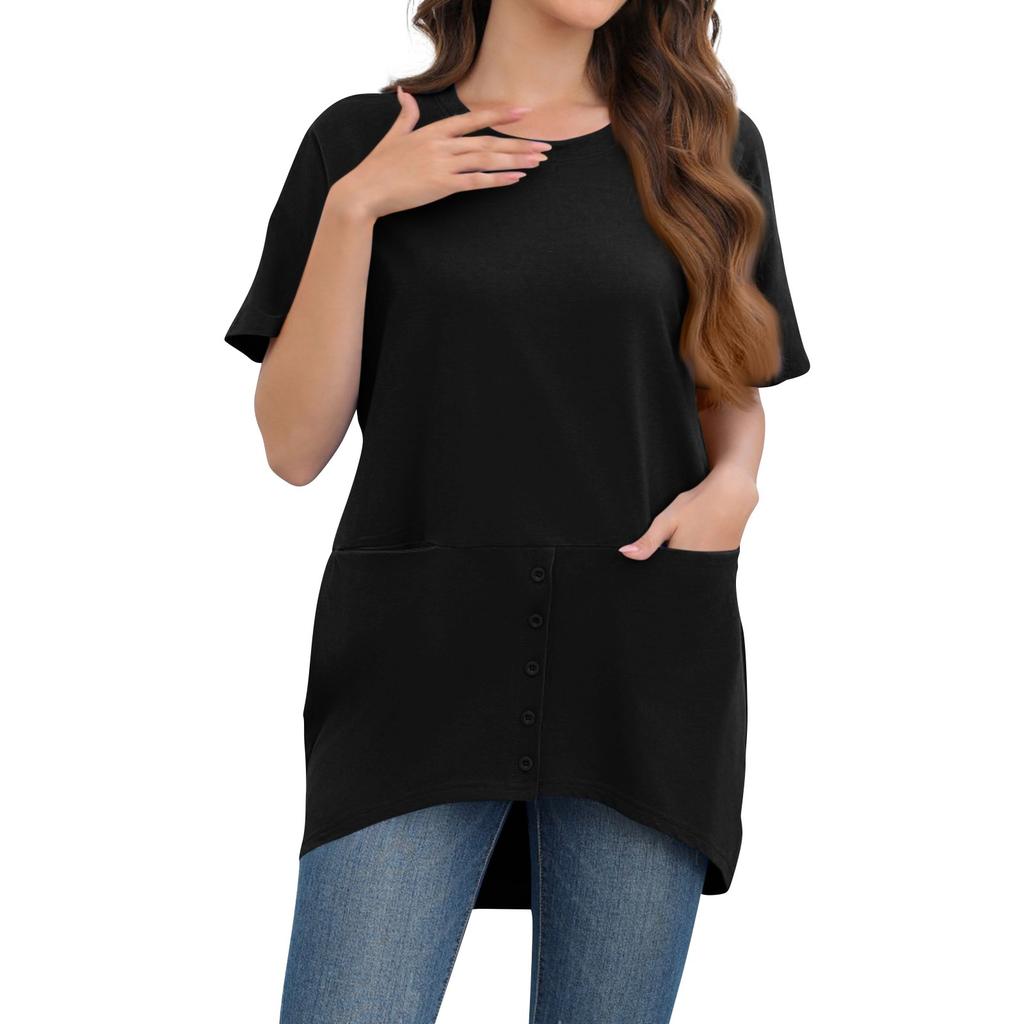 Женская повседневная однотонная свободная футболка с круглым вырезом и короткими рукавами большого размера с карманами