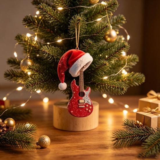 Рождественский ornament 'Красная гитара' для елки, 2D плоский акриловый кулон с прочным украшением в виде шапки Санты, Декор для кантри-музыки, Подарок