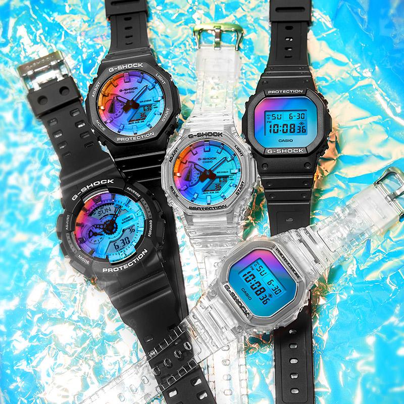 Casio Серия с двойным ЖК/стрелочным дисплеем, серия с неоновыми восьмиугольниками, водонепроницаемый механизм с цветным лазерным зеркалом, кварцевый механизм, полимерный ремешок, GA-2100SR-1APR