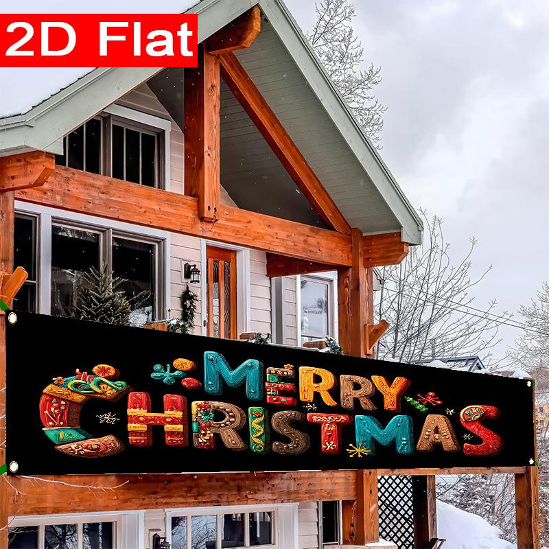 Merry Christmas Gift Fence Banner, Pattern Polyester Outdoor Lawn Wall Holiday Celebration Decoration