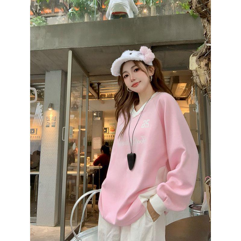 Women's Cotton Lace Trim Color Block V-Neck Sweatshirt – American College Style