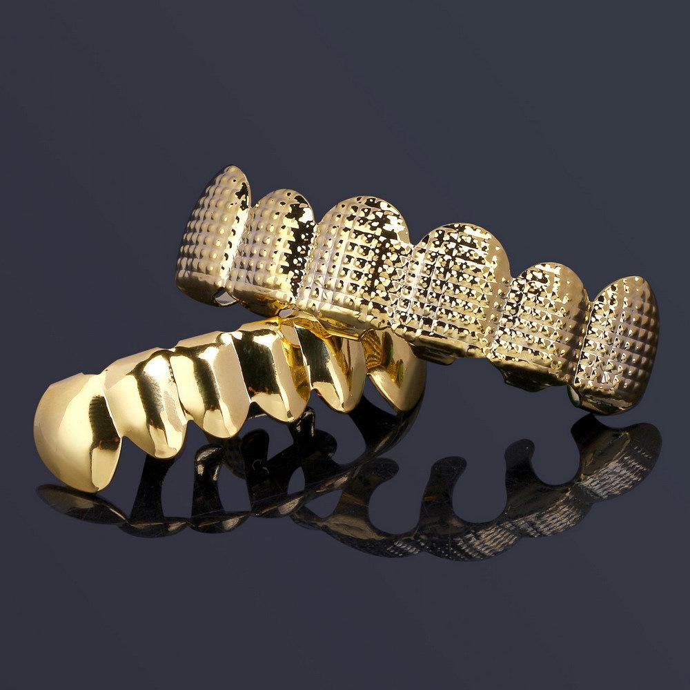 HIOHOP Решетчатый узор Позолоченные 18K Золотом Хип-Хоп Гриллзы - Верхний и Нижний Шесть Зубов Модный Аксессуар.