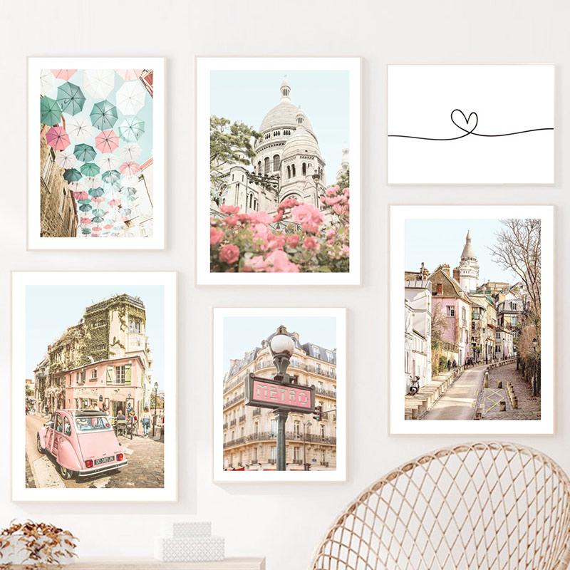 Nordic Posters And Prints Paris Small Town Pink Flower Car Umbrella Wall Art Canvas Painting Wall Pictures For Living Room Decor