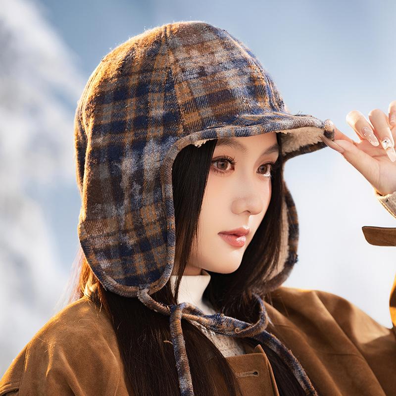Retro Color Blocking Plus Velvet Leeve Hat Japanese Windproof and Warm Hat Women's Outdoor Riding Casual Ear Protection Hat