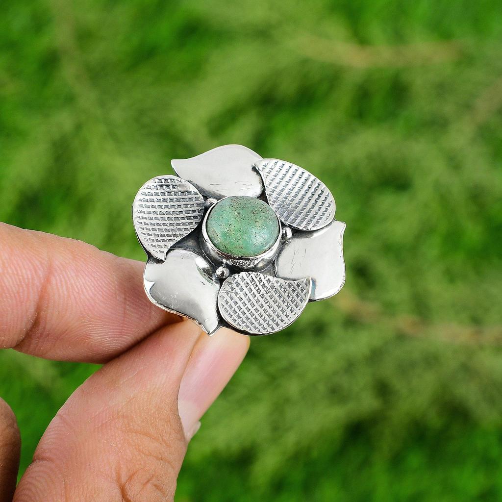 Natural Chrysoprase Gemstone Solitaire Flower Green Adjustable Ring 925 Silver