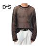Men Mesh Top Thin See-through Shiny Sequin Mesh O Neck Long Sleeves Solid Color Stretchy Loose Fit Muscle-Enhancing Party Homewear Club Dance