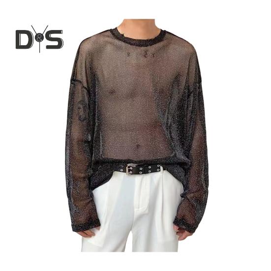 Men Mesh Top Thin See-through Shiny Sequin Mesh O Neck Long Sleeves Solid Color Stretchy Loose Fit Muscle-Enhancing Party Homewear Club Dance
