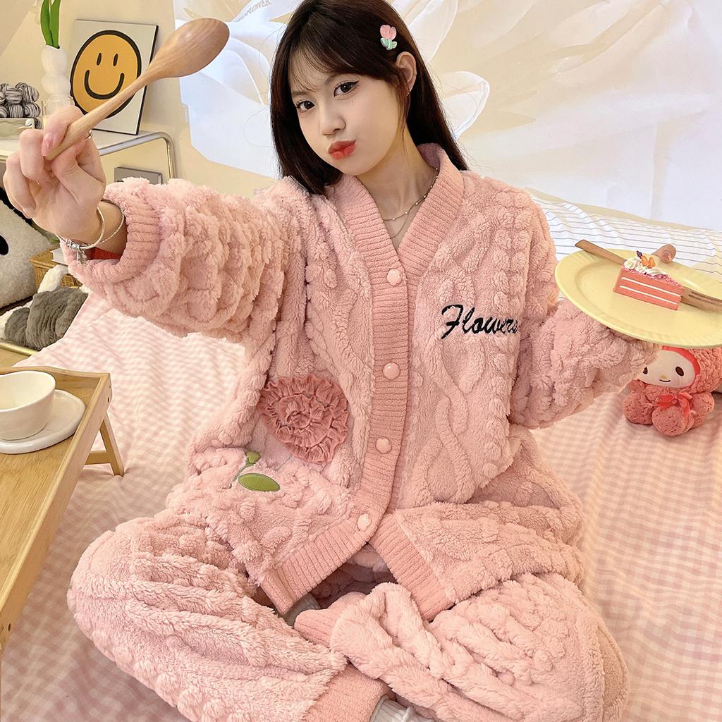 Coral Velvet Pajamas Winter Women Clothing Pajamas Sets Two Pieces Warm Flannel Thick Cute Kawaii Sleepwear Loungewear Suits New