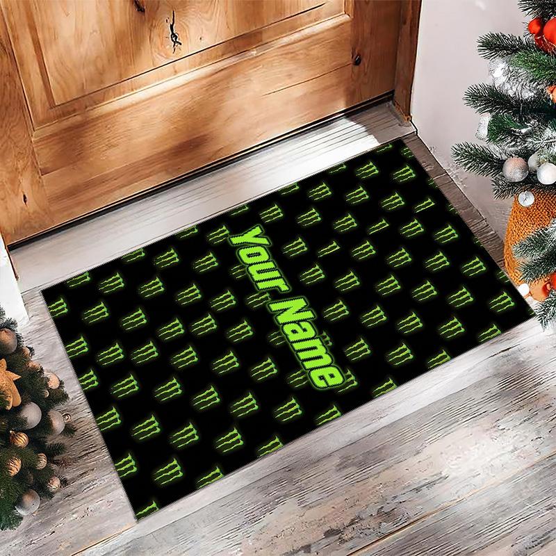 Monster Energy Crystal Velvet Rug, Custom Name Text Personalized Non‑Slip Floor Mat for Home Decor Gift