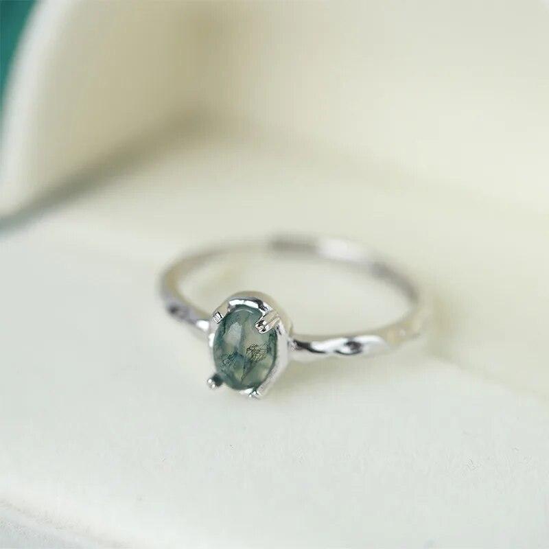 Простая текстура натурального камня, различные зеленые мох, трава, агат Vouple, кольцо с цветком для женщин, ветка, стерлинговое серебро, подарочные ювелирные изделия
