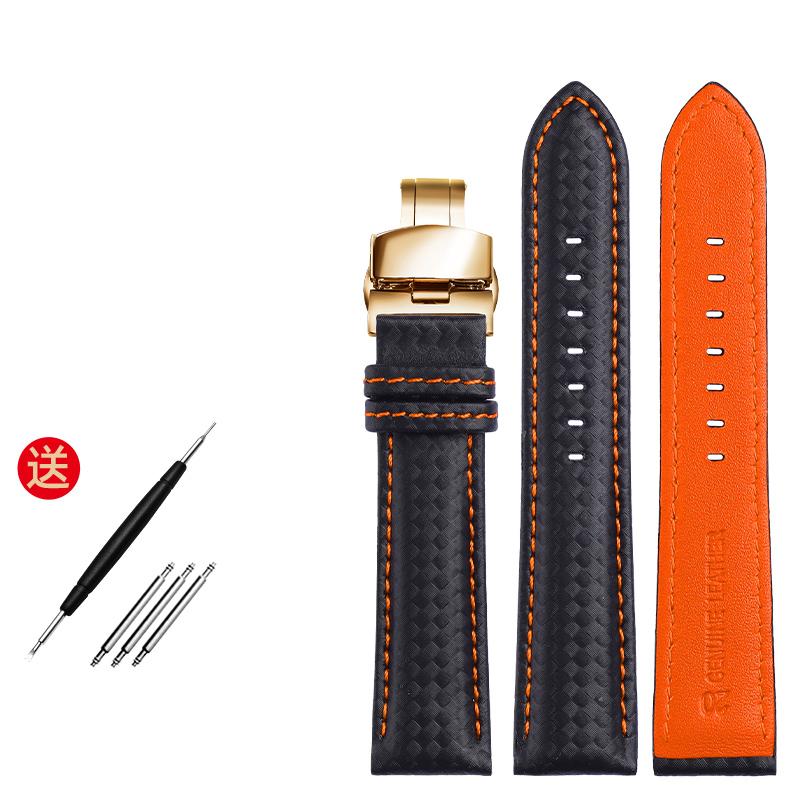 Genuine Leather Bracelet Carbon Fiber Grain Watchband Red Stitching 18mm 20mm 22mm Watch Band Strap Accessories Butterfly Buckle