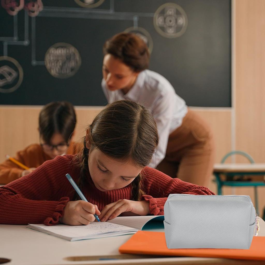 Uxcell PU Leather Square Makeup Waterproof Cosmetic Organizer Bag with Makeup Brush Holder for Women Pouch, Zipper, (Silver, Small)