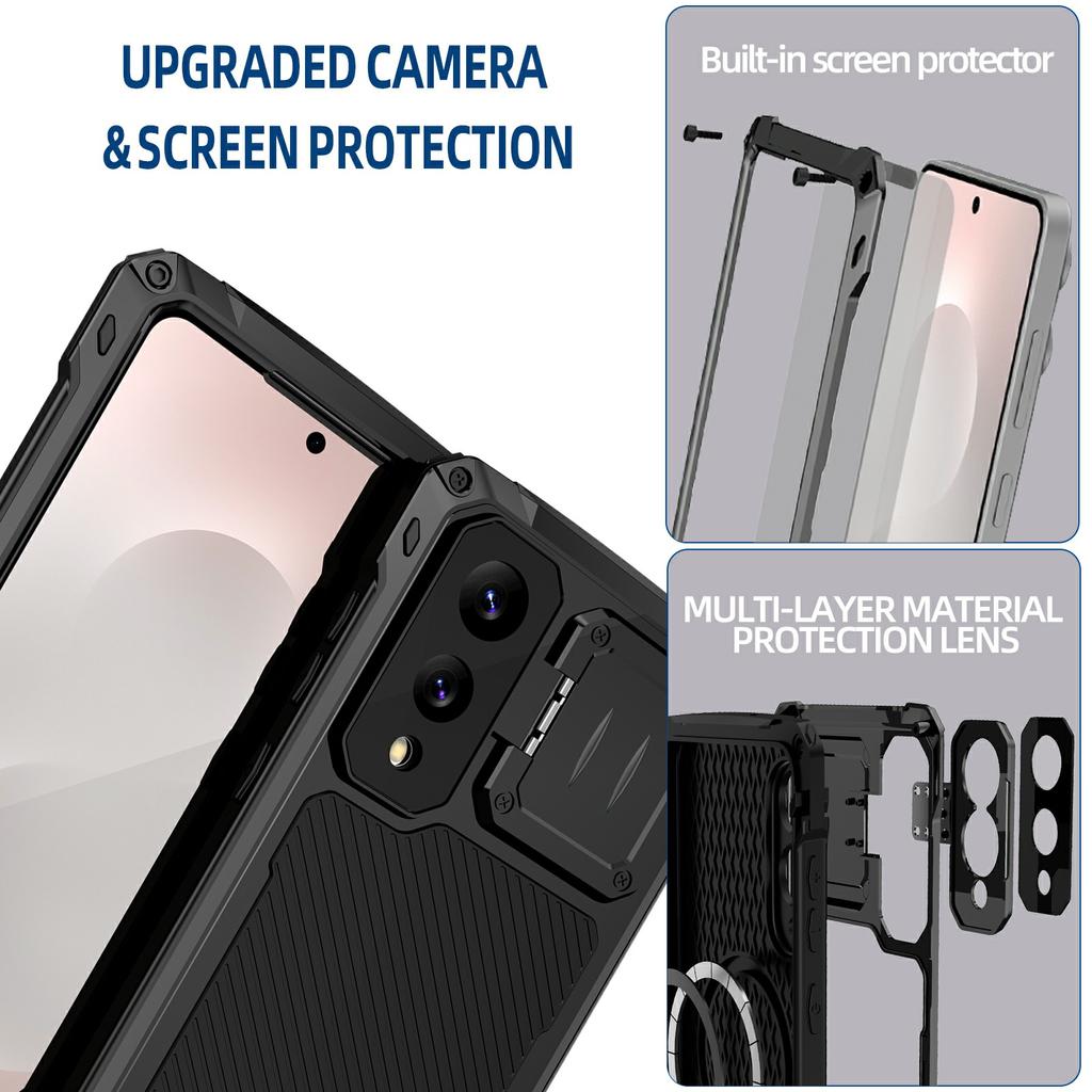 For Samsung Galaxy S25 Edge Case Aluminum Alloy+Silicone Lens Kickstand Phone Cover with Tempered Glass Film