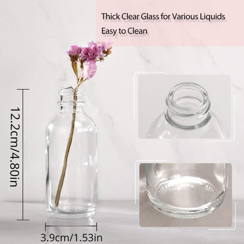 12-piece Set of Small Clear Glass Bottle with Cap and 3 Stainless Steel Funnel - 60ml Boston Sample Bottle of Potion, Juice, Health, Ginger, Whiskey,