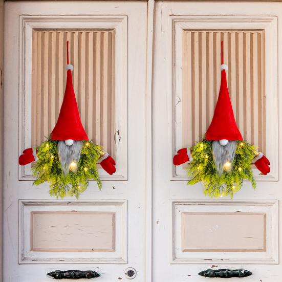 Lighted Gnome Christmas Wreath for Front Door Artificial Pine Spruce Hanging Sign Swedish Tomte Holiday Decor for Indoor Outdoor Porch Window Wall