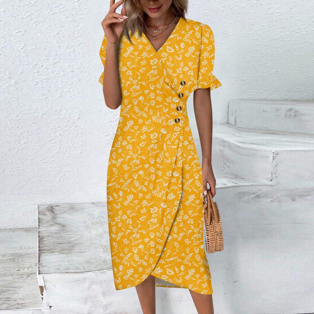 Women's Summer Casual Dress V Neck A-line Boho Ditsy Floral Flounce Sleeve Wrap Hem Dress