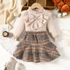 Повседневный комплект для девочек, осенняя детская рубашка с длинными рукавами и бантом, кружевной комплект из двух предметов в клетку с короткой юбкой