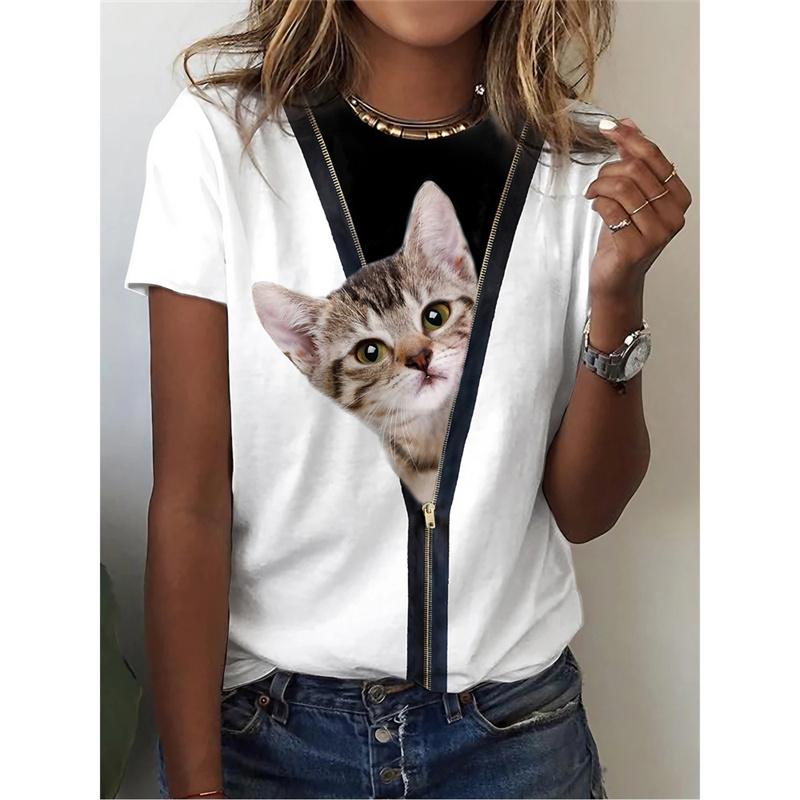 Милая футболка с рисунком собаки и кошки для женщин Футболки с 3D-принтом в виде животных Летние свободные футболки с короткими рукавами и круглым вырезом Топы в уличном стиле