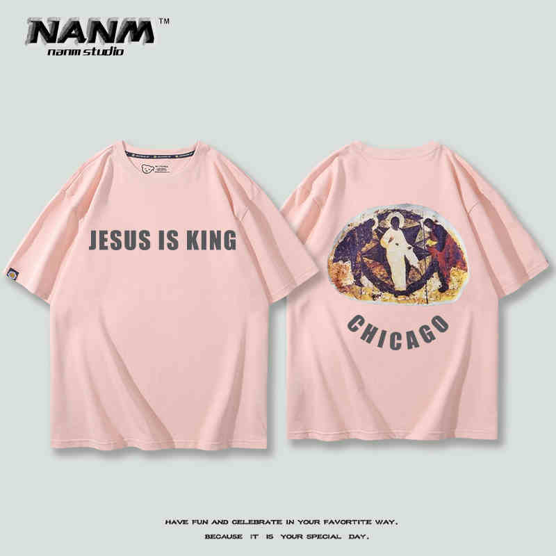 2024 New Fashion KANYE with Short Sleeve T-shirt Boys Kanye Music Festival Three Gods Religious Oil Loose Hip Hop Half Sleeve