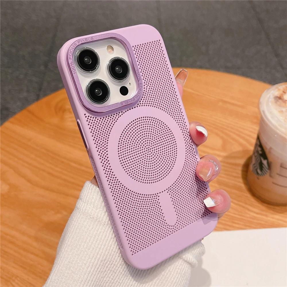 Ultra Thin Heat Dissipation Mesh Grid Magnetic Case for iPhone 15 13 12 14 11 Pro Max Matte Hard Steel Magsafing Shockproof Cove