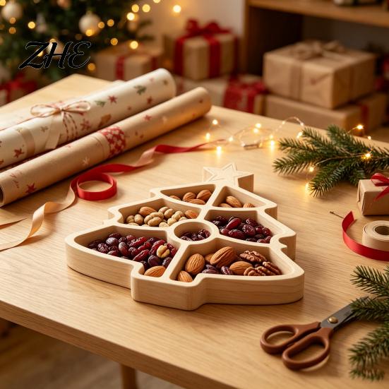 Holiday Table Centerpieces Wooden Christmas Divided Tray, Gingerbread Man Santa Xmas Tree Compartment Snack Claus Party Platters Platter, Wood