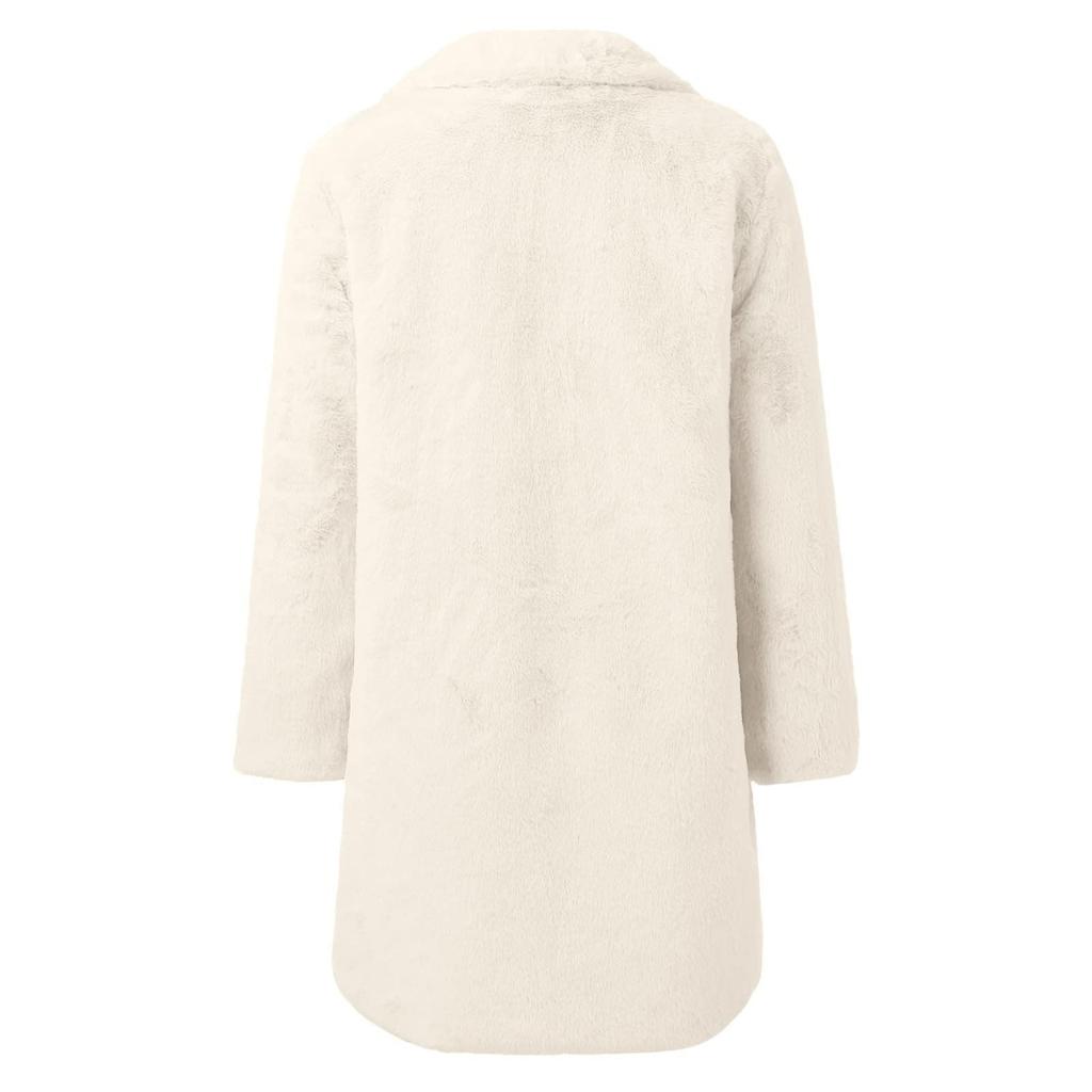 Women's Winter Faux Belt Pocket Plush Warm Jacket Notch Lapel Coat Outerwear Mid-Length