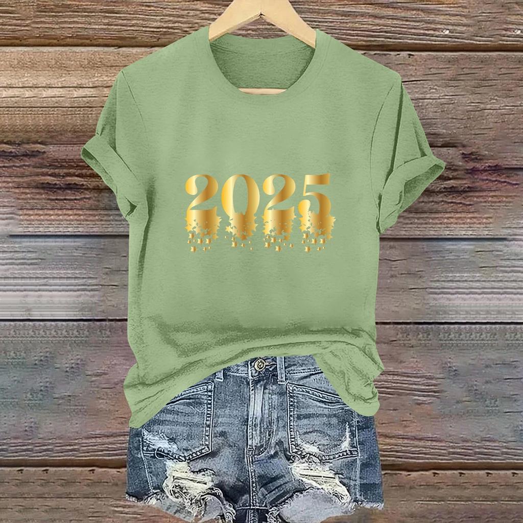 Ladies Casual 2025 New Year Printed Round Neck Short Sleeve T-Shirt Top