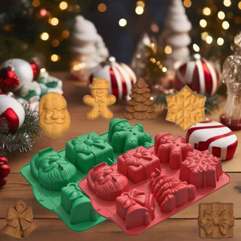 Силиконовая форма для конфет пищевого качества с 3D-дизайнами Рождества: Елка, Пряничный человечек, Снеговик, Санта, Колокольчики для выпечки шоколадных печений