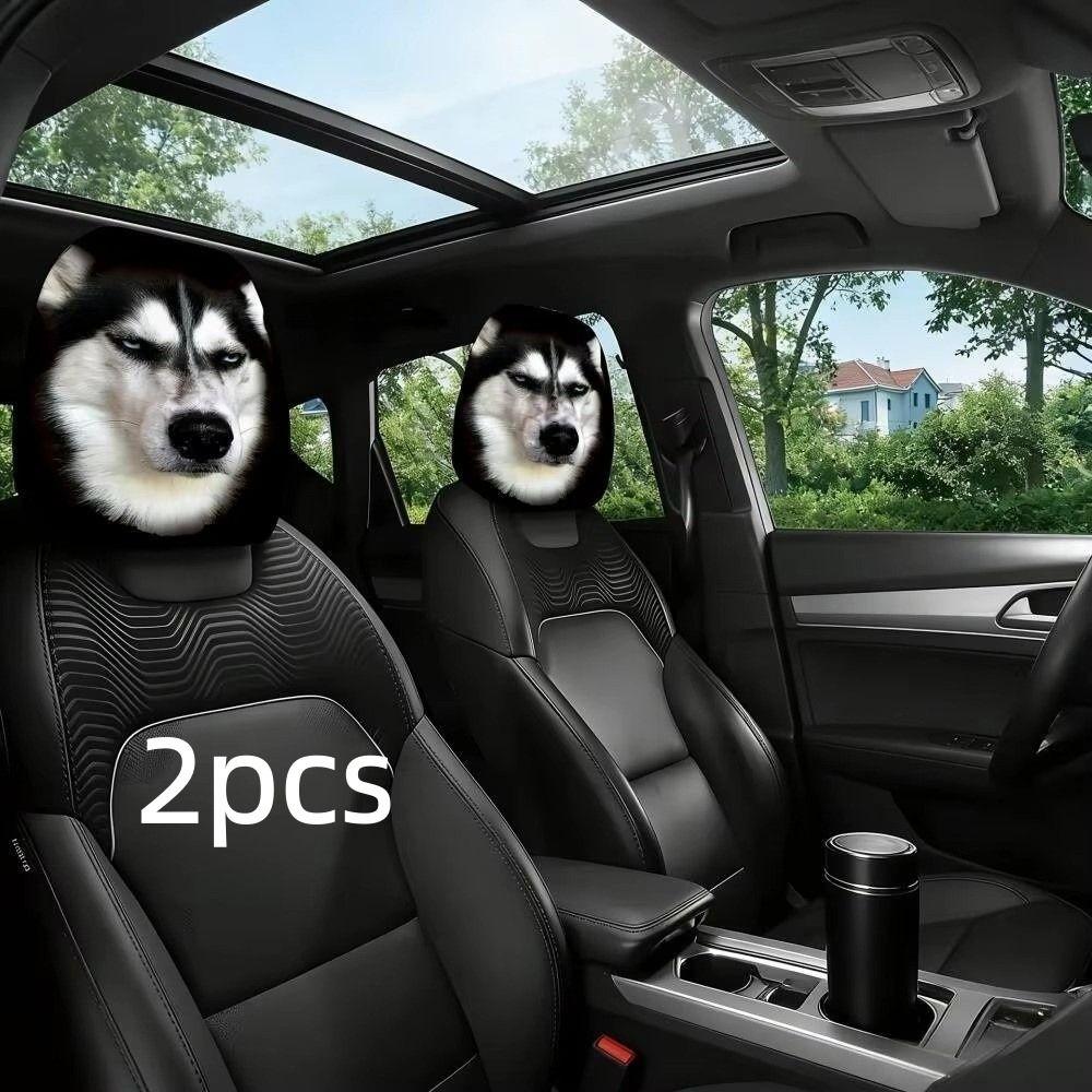 2Pcs Funny Skeptical Face Car Seat Headrest Protector Husky Headrest Covers Vehicle Seat Accessory