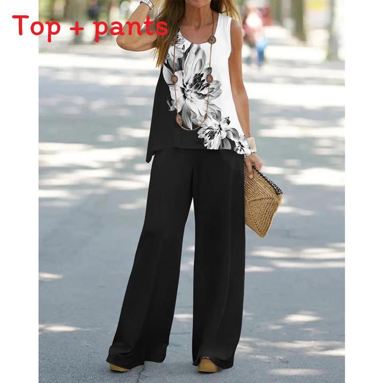 Summer Girl Sleeveless Top And Tall Pants Set With Polyester Print For Casual Wear