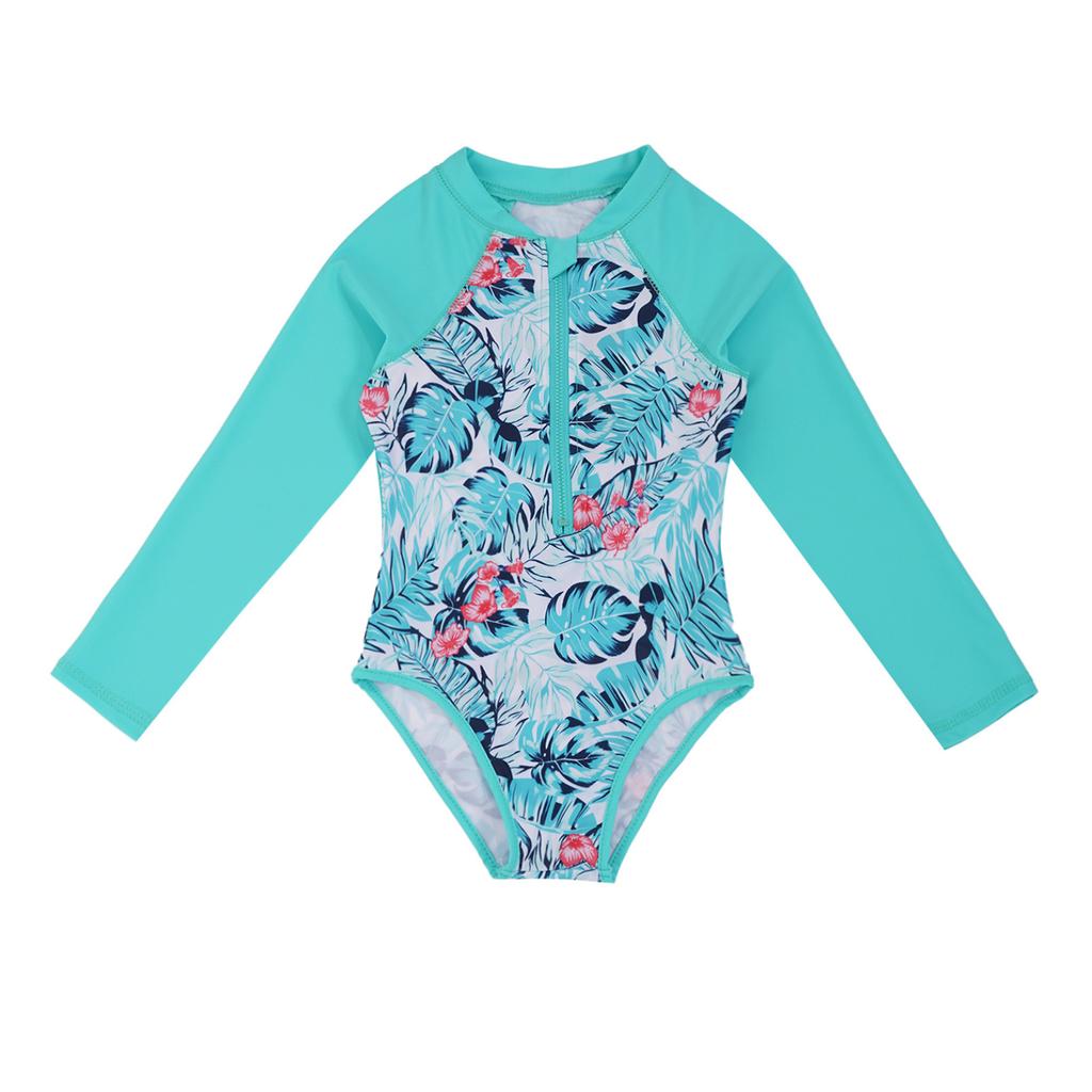 Детский купальник для девочек, купальный костюм на молнии с длинными рукавами и принтом пальм, купальный костюм, боди, пляжная одежда