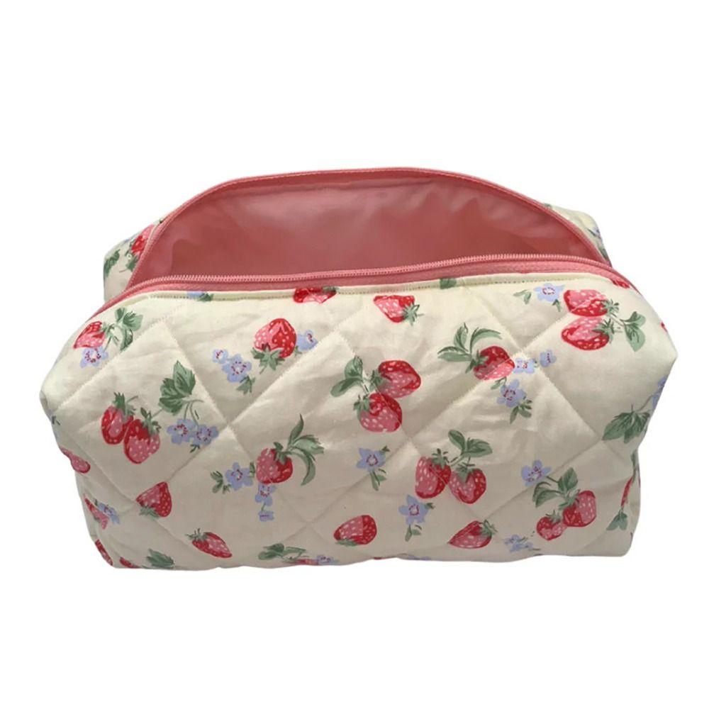 Flower StrawberryPrinted Floral Puffy Quilted Makeup Bag Toiletry Handbag for Women Girls
