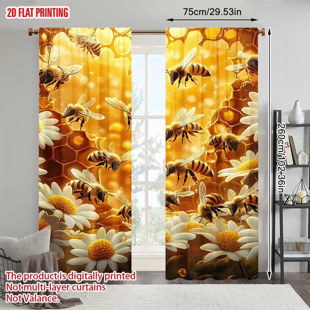 2pcs, plane printing Popular Curtain Panels Bees and Sunflowers Honeycomb Polyester Easy Install (without rod) All Seasons Use