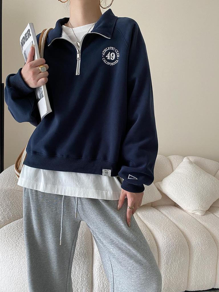 Sinan American Поло на молнии с отворотом: Свободный крой плюс бархатный свитер, коллекция осень/зима SN2019