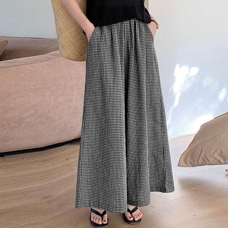 ZANZEA Summer Casual Elastic Waist Loose Wide Leg Plaid Print Pant For Women