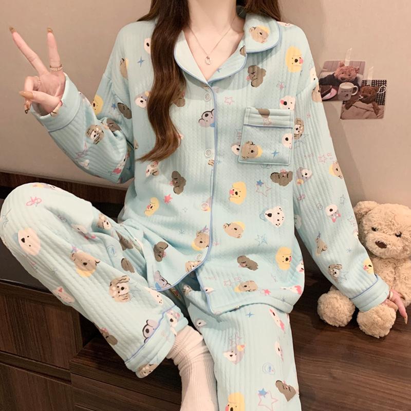 Air cotton pajamas women's autumn and winter interlayer warm long-sleeved suit cartoon embroidered loungewear real shot
