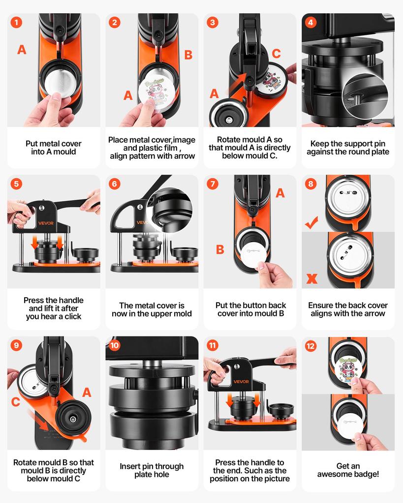VEVOR Button Maker Machine, 2.28 inch/58mm Pin Maker, Installation-Free Badge Punch Press Kit