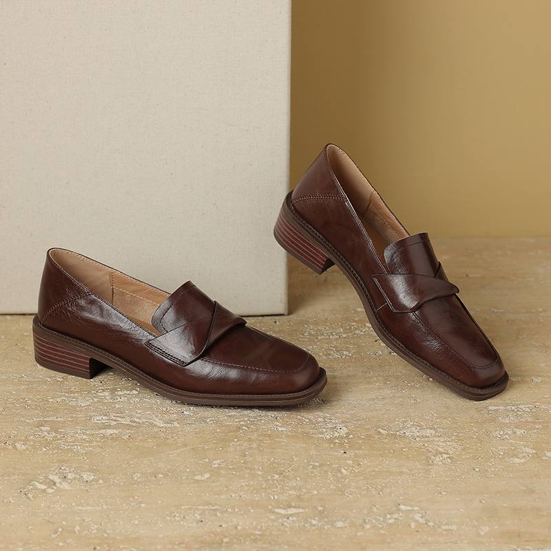 Krazing Pot Cow Leather Square Toe Thick Med Heels Spring Shoes Loafers Oxford Shoes Daily Wear Women Pumps