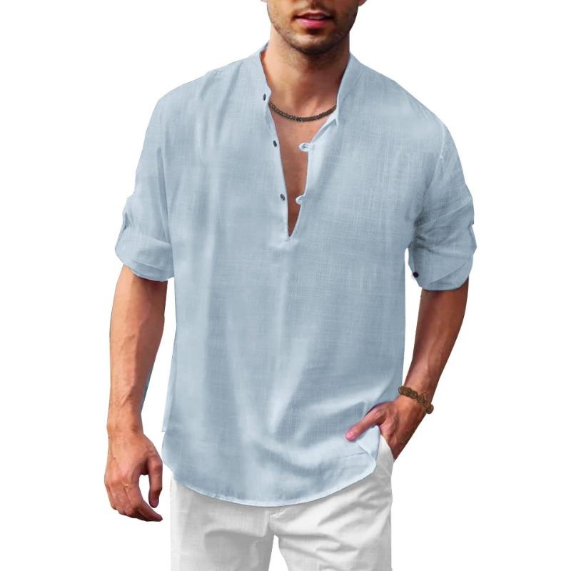 Men Linen Blend Stand Collar Shirt Casual Half Button Roll Up Sleeve Solid Blouse